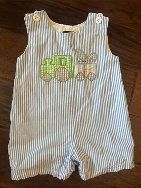 Lil Cactus blue and white pinstripe rabbit in train romper
